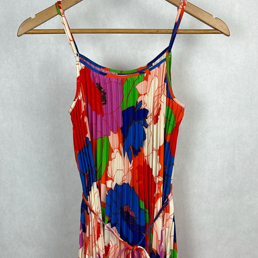 Sam Edelman Pleated Plisse Satin Belted Dress Sz S Multi Water Color Floral Midi - Picture 6 of 8